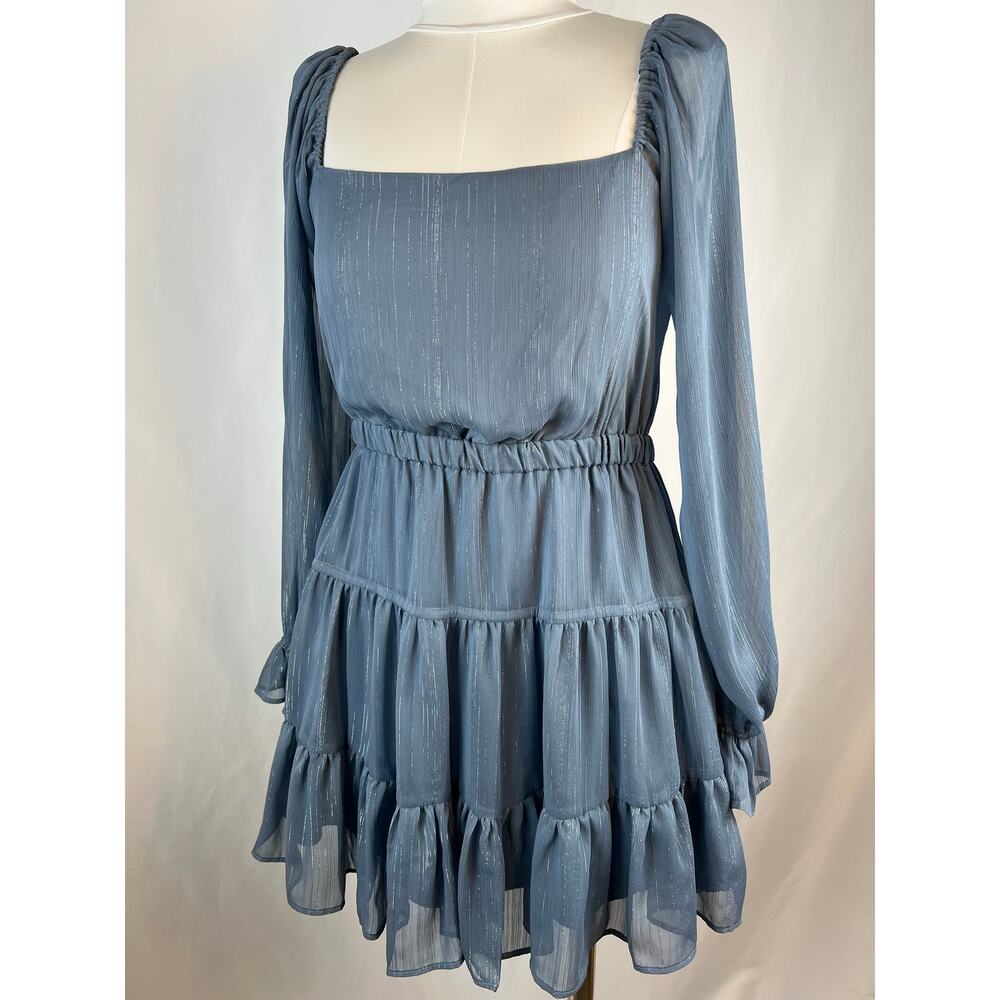 WAYF Dakota Metallic Blue Cutout Tiered Mini Dress Size M Long Sleeve - Picture 8 of 8